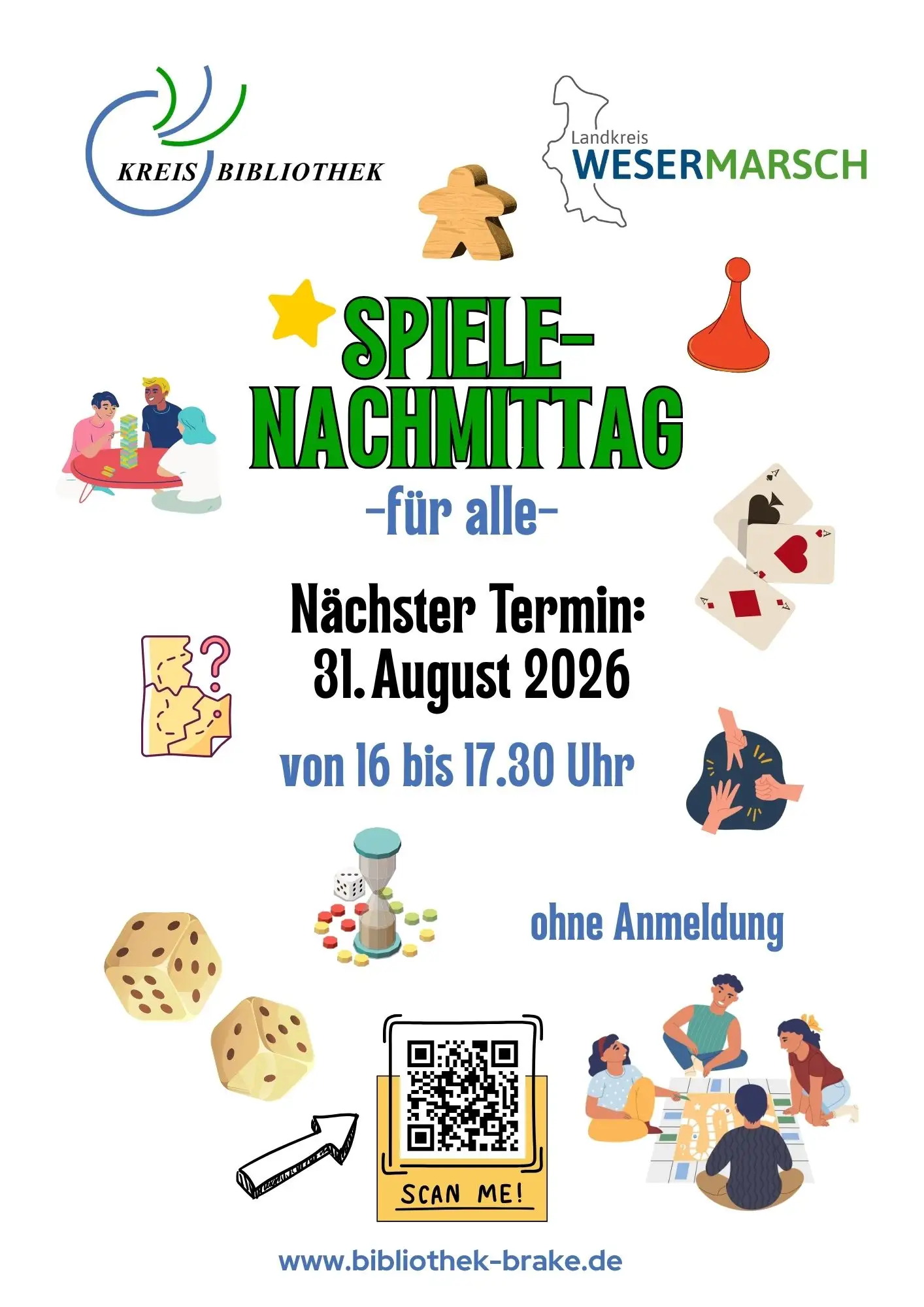 Der Flyer kündigt den kommenden Spielenachmittag in der Kreisbibliothek an.