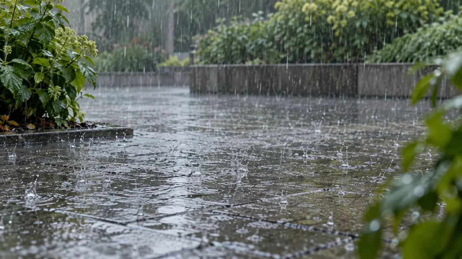 Regen in einem Innenhof. Neutrale Alltagskulisse ohne behaupteten Aufnahmeort.