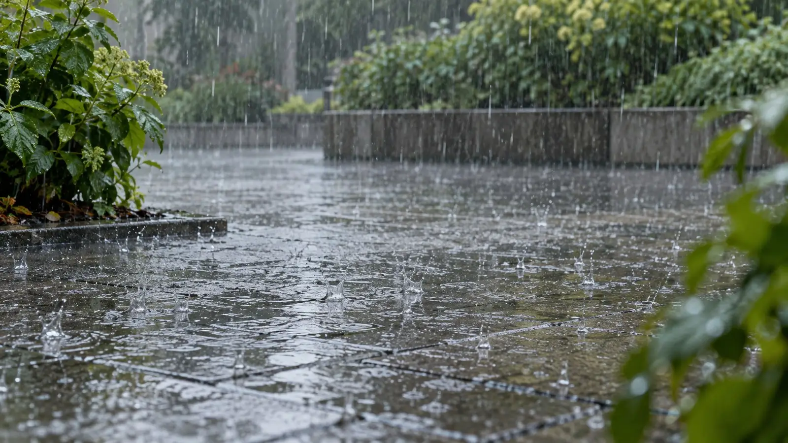 Regen in einem Innenhof. Neutrale Alltagskulisse ohne behaupteten Aufnahmeort.